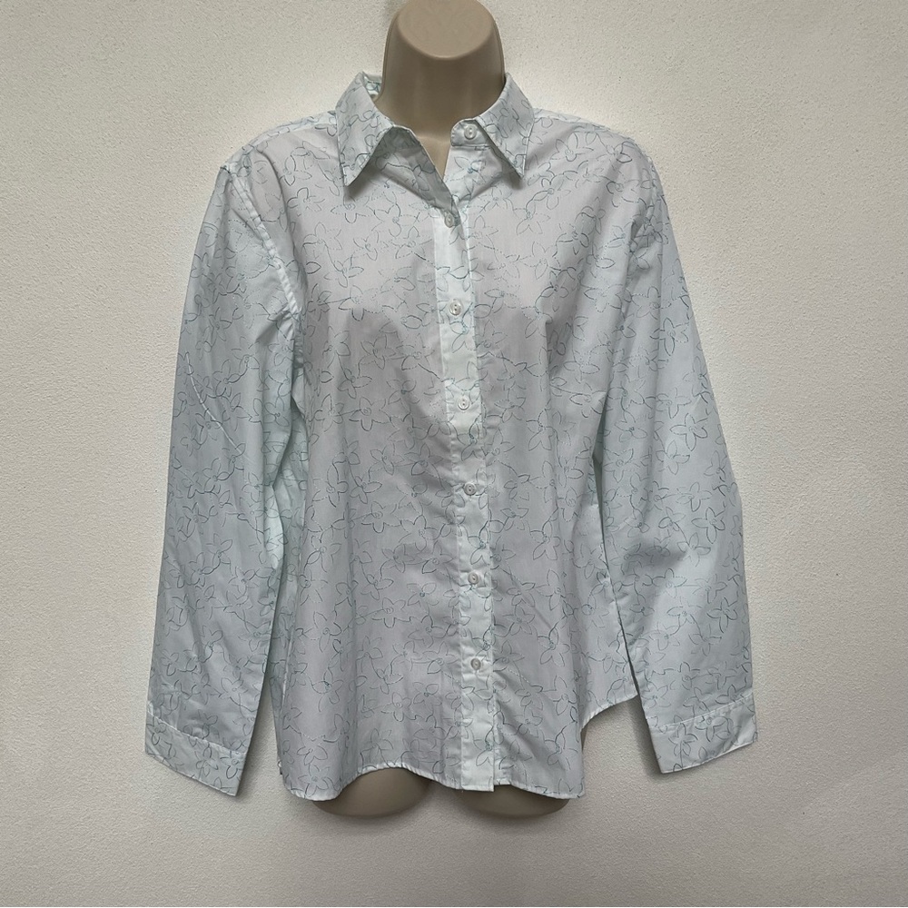 Christopher and Banks Wrinkle Free White, Teal Stitched Flower Button Down Shirt